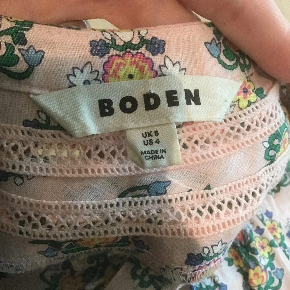 Boden Pink Floral Bea 100% Linen Lace Trim Puff Sleeve Blouse Top US 4 UK 8 Boho